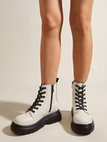 Bottines blanches en cuir PU à fermeture éclair à talons épais et bout rond pour femmes