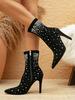 Bottines Chaussures Femmes Strass Daim Cuir Bout Pointu Talon Aiguille
