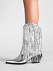 Bottines de soirée argentées à pompons paillettes chaussures franges à bout pointu et talon bloc