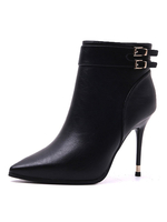Bottines femme boucle bout pointu talon aiguille PU cuir noir bottines