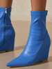 Bottines femme bout pointu talon compensé PU cuir bleu bottines