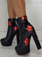 Bottines Femme Bout Rond Géométrique Talon Chunky Fermeture à Glissière En Cuir PU Bottines Noires