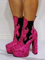 Bottines Femme Bout Rond Géométrique Talon Chunky PU Cuir Rose Bottines