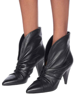 Bottines Femme En Cuir De Vachette Noir Bout Pointu Talon Chunky Ruched Booties