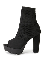 Bottines Femme Peep Toe Talon Chunky Tissu Élastique Bottines Noires