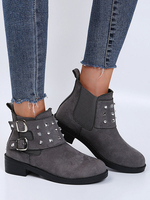 Bottines Femme Rivets Bout Rond Talon Chunky Cuir Daim Bottines Grises