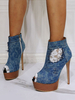 Bottines femme été Bottines bleu en toile talon haut bout ouvert plateforme