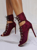 Bottines femme été Bottines sexy rouge en micro daim talon haut bout ouvert à lacets à zip