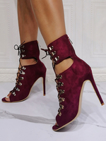 Bottines femme été Bottines sexy rouge en micro daim talon haut bout ouvert à lacets à zip