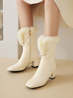Bottines Femmes Hiver à Talons Mi-Hautes à Bout Carré Cousu Avec Fausse Fourrure Unicolore Bottines Femmes Hiver