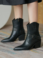 Bottines Femmes Hiver à Talons Mi-Hautes à Cuir Synthétiqueavec Bout Pointu Unicolore Décors avec Cloutés