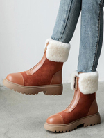 Bottines Femmes Plates Hiver à Cuir Synthétique Cousu avec Fausse Fourrure à Lacets Bicolores avec Bout Rond