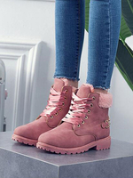 Bottines Femmes Plates Hivers à Cuir Synthétique en Crôute Cousu avec Fausse Fourrure à Lacets Unicolore à Bout Rond