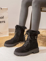 Bottines Martin pour femmes; bout rond; talon épais; daim; cuir; lacets; bottines noires