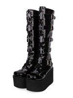 Bottines Plate Femme à Plateforme à Cuir Synthétique Cuir Vernies avec Les Boucles avec Bout Rond avec Boucles Bottines Femme