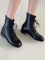 Bottines Plates Femmes Hiver à Cuir Synthétique à Lacets avec Bout Carré Unicolore