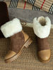 Bottines Plates Femmes Hiver à Cuir Synthétique en Croûte Cousu avec Fausse Fourrure avec Bout Rond Bicolores