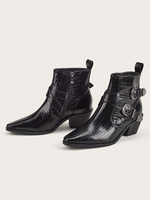 Bottines Plates Femmes Hivers avec Bout Pointu à Cuir Synthétique Vernis Décors avec Boucles