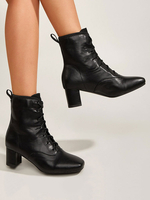 Bottines pour femmes à bout carré et talons épais en cuir PU; bottines noires