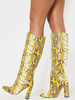 Bottines pour femmes bout pointu talon épais bottes au genou en cuir PU jaune