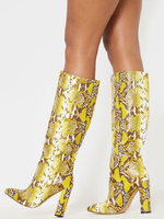Bottines pour femmes bout pointu talon épais bottes au genou en cuir PU jaune