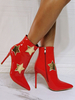 Bottines pour femmes à bout pointu géométrique à talon aiguille en cuir PU rouge bottines