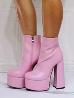 Bottines pour femmes à bout rond et à talons épais en cuir PU; bottines roses