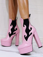Bottines pour femmes à bout rond et à talons épais en cuir PU; hauts; bottines roses
