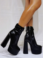 Bottines pour femmes à bout rond; talon épais; fermeture à glissière en cuir PU; bottines noires