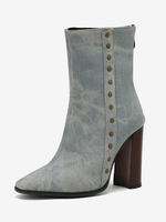 Bottines pour femmes bleu ciel clair rivets bottes toile bout pointu talon épais