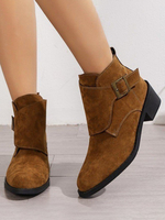 Bottines pour femmes bottes à boucle marron clair en cuir suédé à bout rond Plates