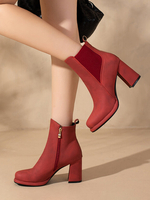Bottines pour femmes Bottines en cuir PU rouges à bout rond et talon épais