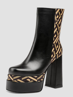 Bottines pour femmes; bout carré; talon épais; bottines bicolores en cuir PU