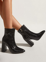 Bottines pour femmes; bout pointu; talon épais; bottines noires en cuir PU
