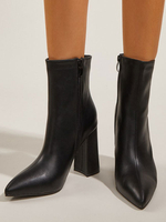 Bottines pour femmes bout pointu talon épais en cuir PU noir fermeture éclair bottines décontractées