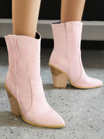 Bottines pour femmes; bout pointu; talons épais; bottines roses en cuir PU