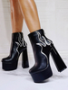 Bottines pour femmes; bout rond géométrique; talon épais; motif de flammes blanches; bottines noires en cuir PU