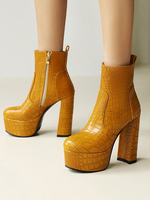 Bottines pour femmes; bout rond jaune; bottines en cuir PU à talons épais