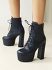 Bottines pour femmes bout rond talon épais en cuir PU bottines bleu foncé