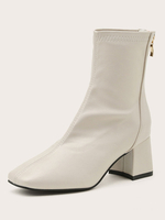 Bottines pour femmes écru blanc en cuir PU bout carré talon épais 1.8" bottines