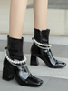 Bottines pour femmes en cuir de vache noir à bout carré en métal détails talon épais perles bottines