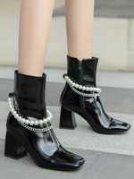 Bottines pour femmes en cuir de vache noir à bout carré en métal détails talon épais perles bottines