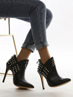Bottines pour femmes en cuir PU noir bout pointu Rivets bottines à talons aiguilles