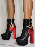 Bottines pour femmes en cuir Synthétique noir talon épais ciel haut feu imprimé talon aiguille bottines