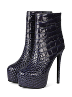 Bottines pour femmes en cuir synthétique polyuréthane bleu profond imprimé serpent bottes bout rond