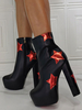 Bottines pour femmes en cuir synthétique polyuréthane noir à bout rond plateforme motif étoile bottines à talons épais