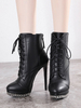 Bottines pour femmes en cuir synthétique polyuréthane noir bout rond à lacets chaînes bottines à talons aiguilles