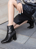 Bottines pour femmes en tissu à paillettes noires à bout carré talon épais pour femmes