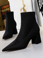 Bottines pour femmes en tissu élastique noir bout pointu bottes à talons épais