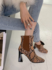 Bottines Talons Hautes Elastique à Cuir Synthétique Imprimé Animal Bicolores à Bout Carré Femmes Bottines Femme Hiver